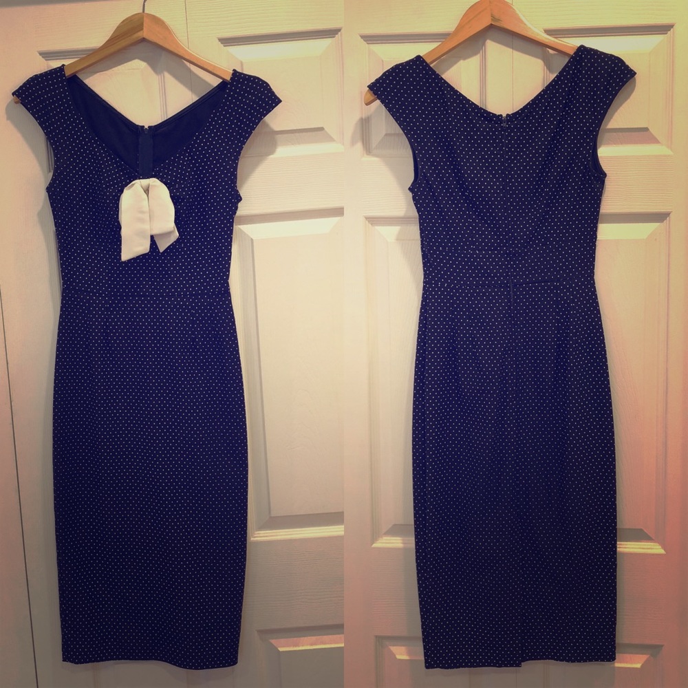 Navy Wiggle Pin-up Dress with Swiss Dots & Bow